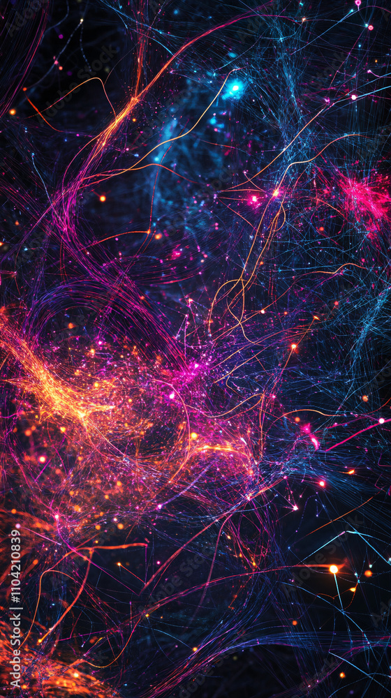 Abstract background featuring glowing particles and vibrant lines illuminating a dark space, creating a sense of depth and energy Abstract background featuring glowing particles and vibrant lines illuminating a dark space, creating a sense of depth and energy