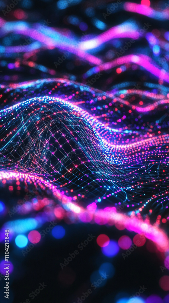 Abstract background featuring glowing particles with wave-like patterns and vibrant colors creating a sense of depth and movement Abstract background featuring glowing particles with wave-like patterns and vibrant colors creating a sense of depth and movement