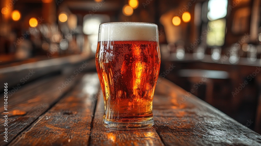 A glass of amber beer sits on a wooden table in a cozy pub setting. A glass of amber beer sits on a wooden table in a cozy pub setting.