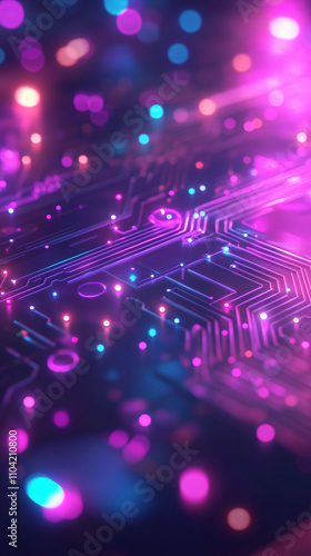 Abstract background featuring glowing neon circuits and vibrant bokeh lights in shades of purple and blue creating a futuristic digital atmosphere