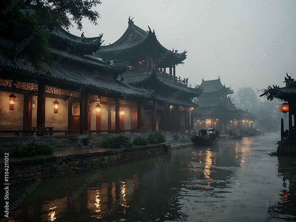 Naklejka premium Ancient Chinese city with fog and rain.