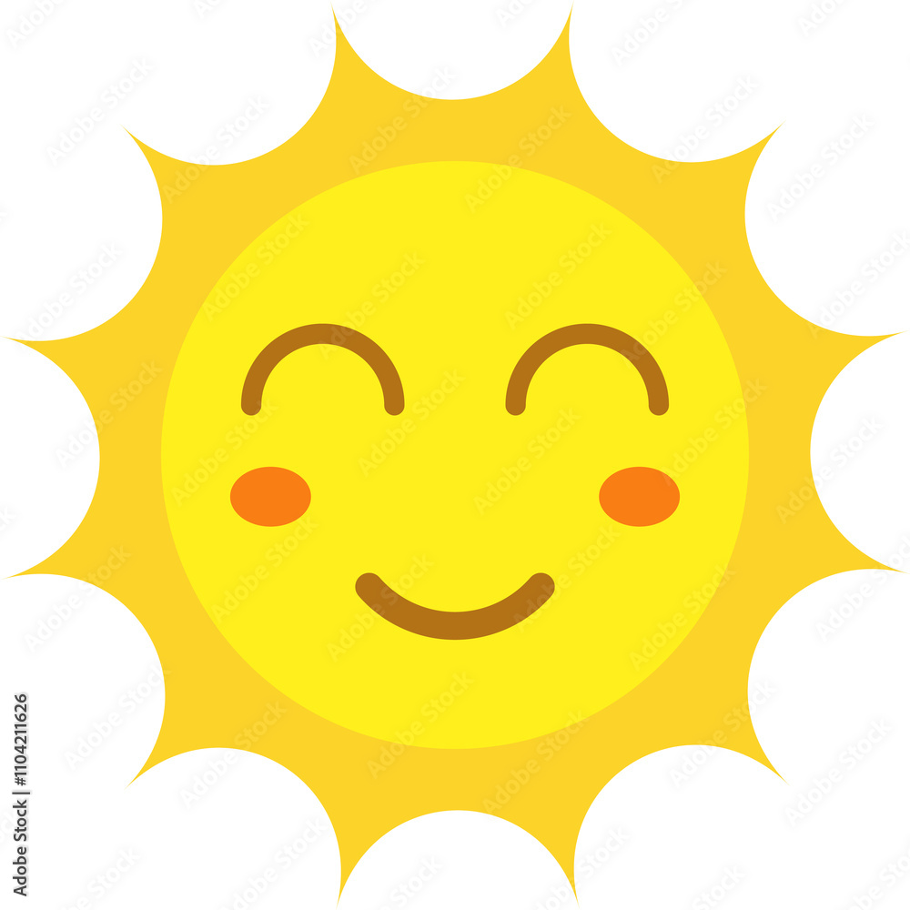 Fototapeta premium Illustration of a bright yellow sun with a smiling face, closed eyes, rosy cheeks, and rays extending outward. 