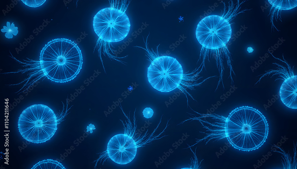 Seamless glowing bioluminescent plankton swirls texture with realistic patterns and soft lighting Seamless glowing bioluminescent plankton swirls texture with realistic patterns and soft lighting