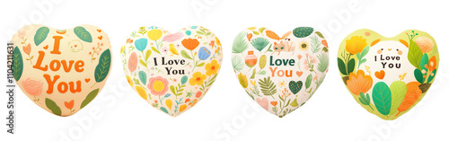 Sweet Watercolor Plush Heart Pillow with I Love You Text on Transparent Background, Concept of Valentine Day