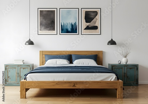 Wallpaper Mural Rustic wooden bed with blue pillows and two bedside cabinets against white wall with three posters frames. Farmhouse interior design of modern bed room. Torontodigital.ca