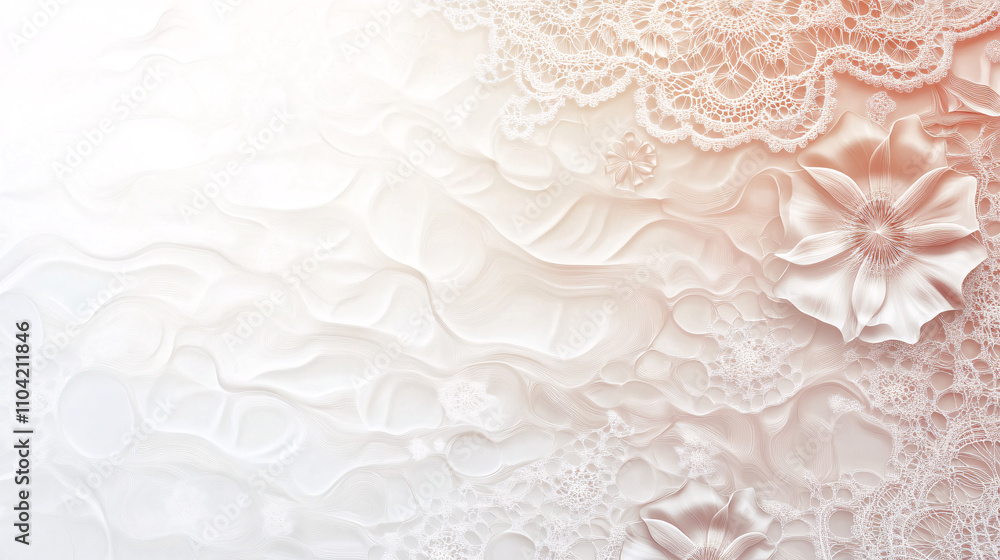 An abstract background showcases intricate lace patterns intertwined with delicate floral elements in soft hues of cream and peach An abstract background showcases intricate lace patterns intertwined with delicate floral elements in soft hues of cream and peach
