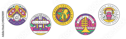 Live Music and Concert Festival Logo and Round Sticker Vector Set