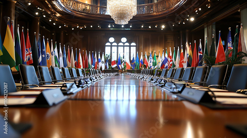 Wallpaper Mural Global leaders gather for climate change summit with flags representing various nations in a formal setting Torontodigital.ca