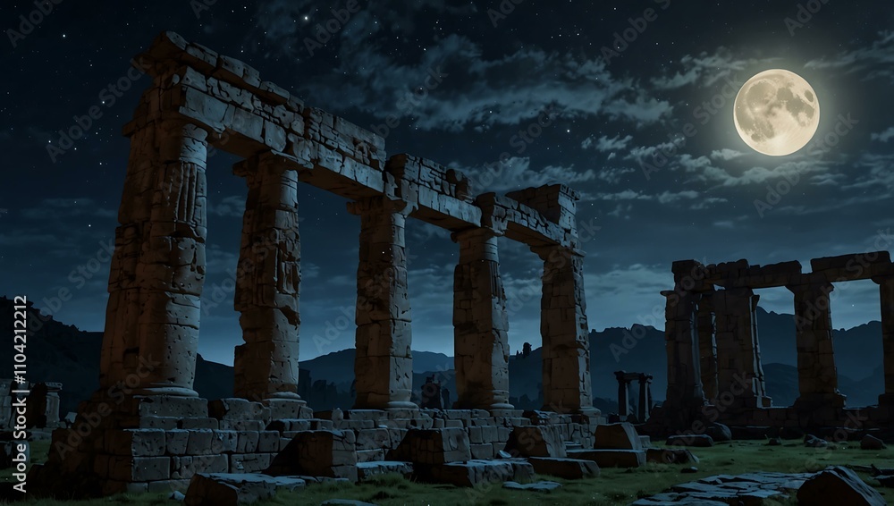Fototapeta premium Ancient ruins under mystical moonlight.