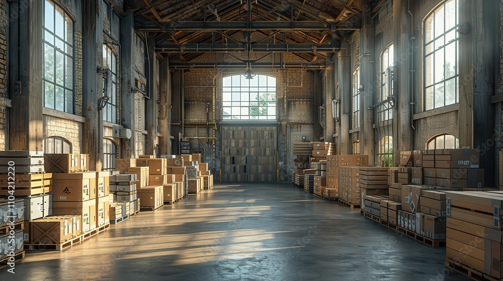 Sunlight streams through warehouse windows illuminating stacked crates ready for shipping. Generative AI Sunlight streams through warehouse windows illuminating stacked crates ready for shipping. Generative AI
