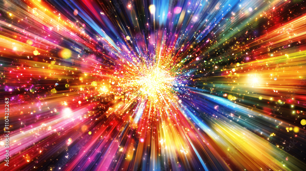 Colorful abstract background of shimmering sparkles radiates outward in vibrant rays creating a festive and energetic atmosphere Colorful abstract background of shimmering sparkles radiates outward in vibrant rays creating a festive and energetic atmosphere