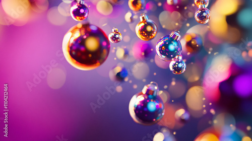 Vibrant colorful holiday background with floating ornaments and soft bokeh lights creating a festive atmosphere