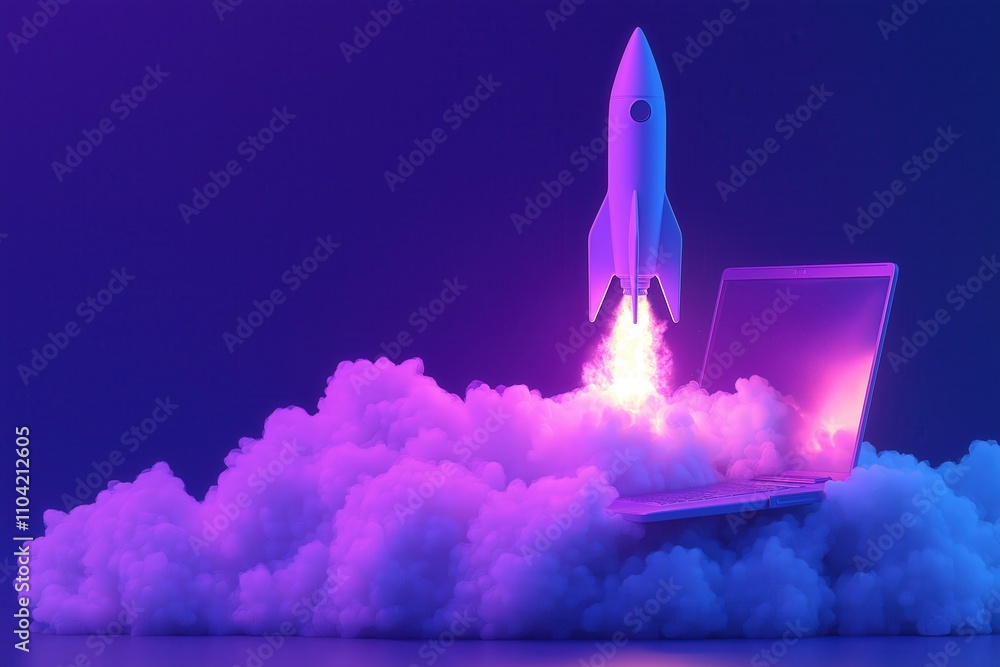 Obraz premium Neon rocket launching from a laptop surrounded by glowing pink and blue smoke in a futuristic setting