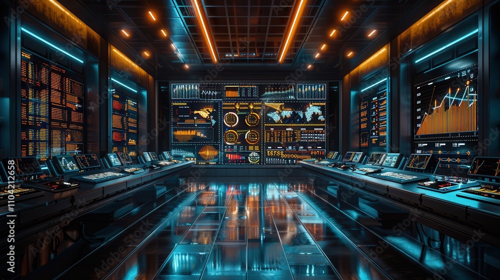 Innovative control room showcasing advanced technology and vibrant data visualizations late at night. Generative AI Innovative control room showcasing advanced technology and vibrant data visualizations late at night. Generative AI