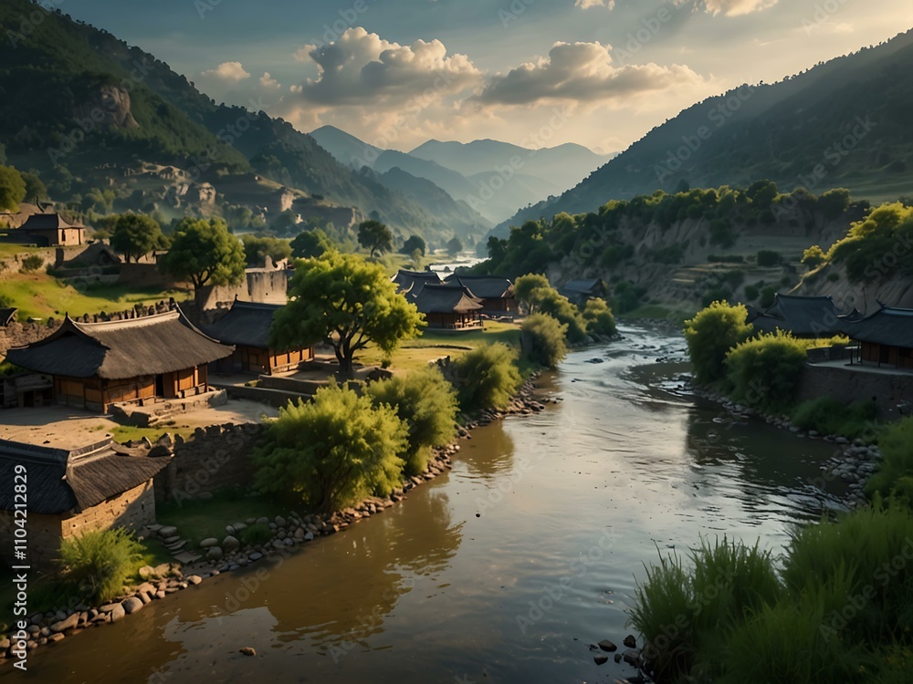 Obraz premium Ancient village scene with trees, hills, and rivers.