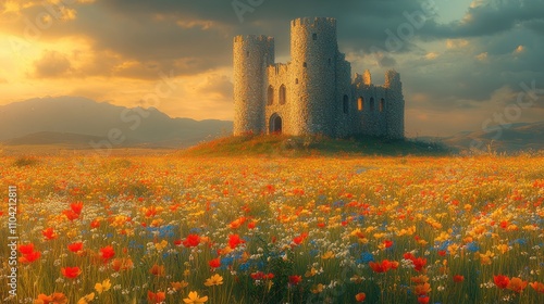 Here's a suggested and keyword list for your stock photo.. Majestic sunset illuminates ancient castle ruins amidst vibrant wildflowers.