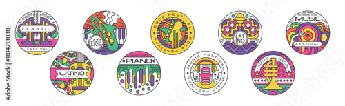 Live Music and Concert Festival Logo and Round Sticker Vector Set