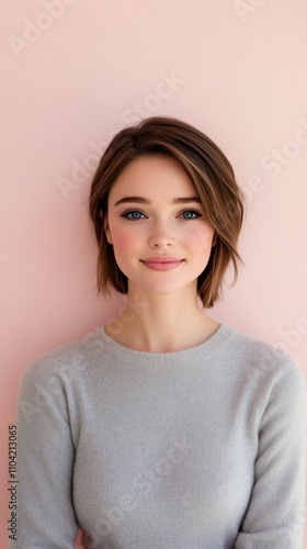 Young woman with natural beauty poses against a pink backdrop during daylight