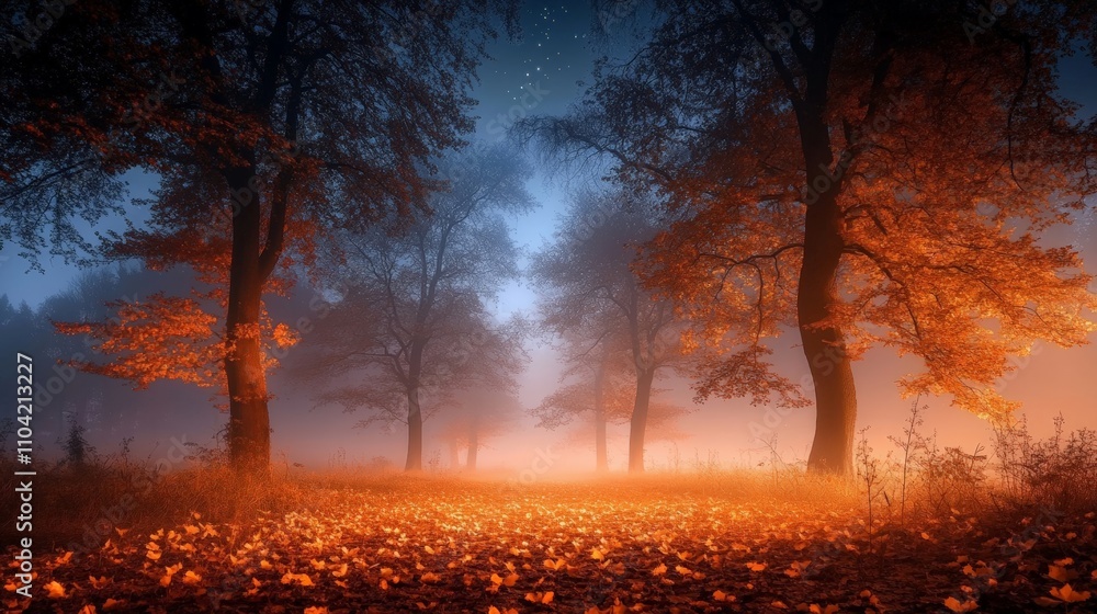 Obraz premium Foggy Autumn Forest with Glowing Orange Leaves and Mysterious Atmosphere