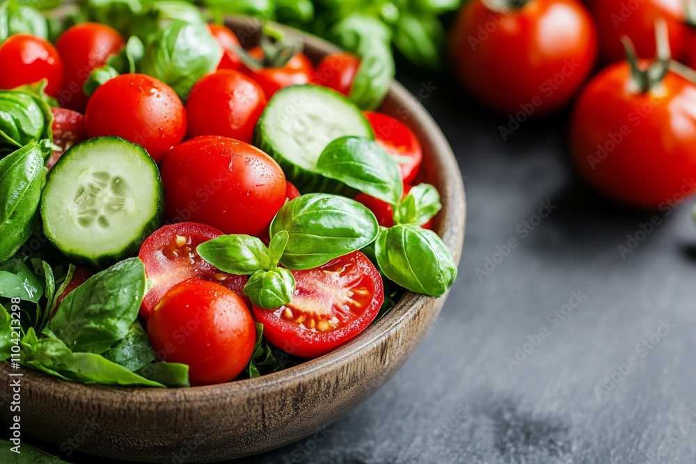Fresh cherry tomato and cucumber salad with basil in wooden bowl on dark background Fresh cherry tomato and cucumber salad with basil in wooden bowl on dark background