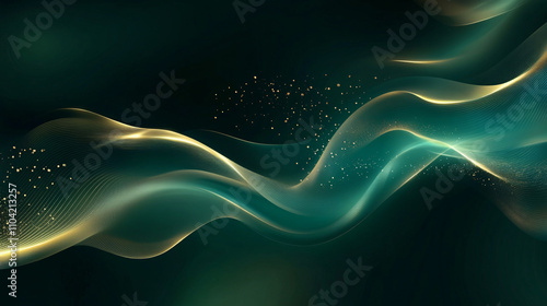 Luxurious abstract background featuring flowing curves and shimmering gold highlights against a deep emerald backdrop