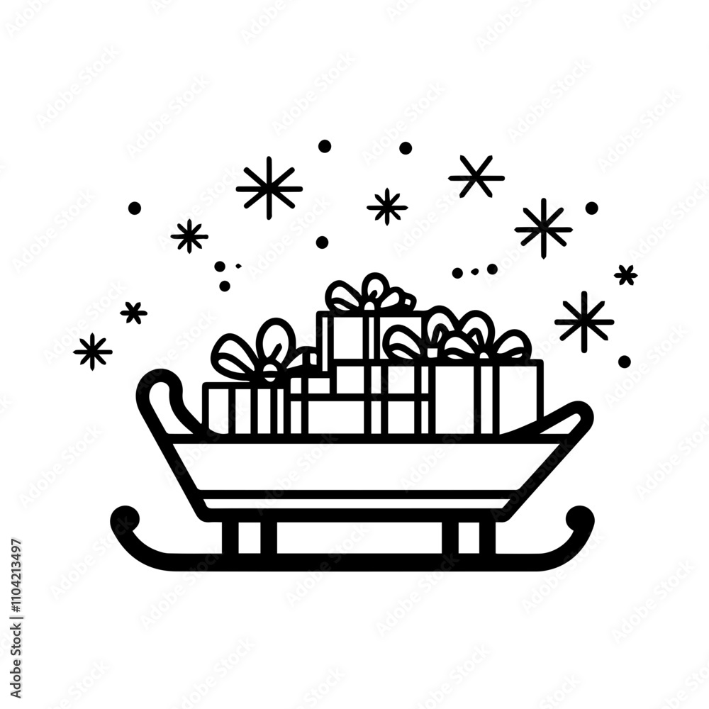 Obraz premium Sleigh with gifts, black and white vector illustration, A simple line drawing