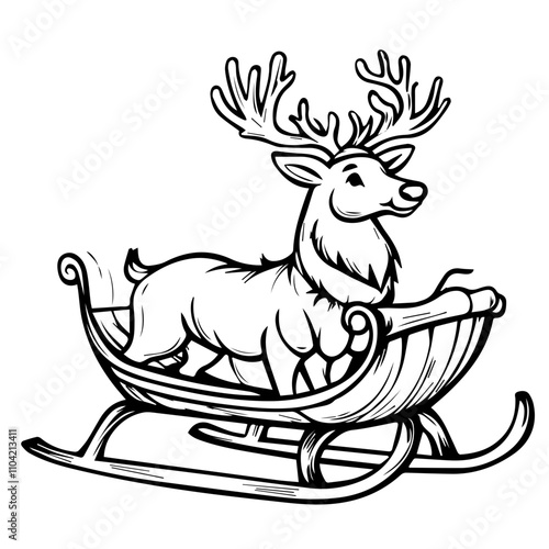 Sleigh with raindeer, black and white vector, A simple line drawing 