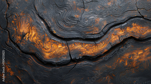 Wallpaper Mural Burnt wood grain texture with charred black edges and vibrant orange highlights creates striking visual contrast. intricate patterns evoke sense of natural beauty and resilience Torontodigital.ca