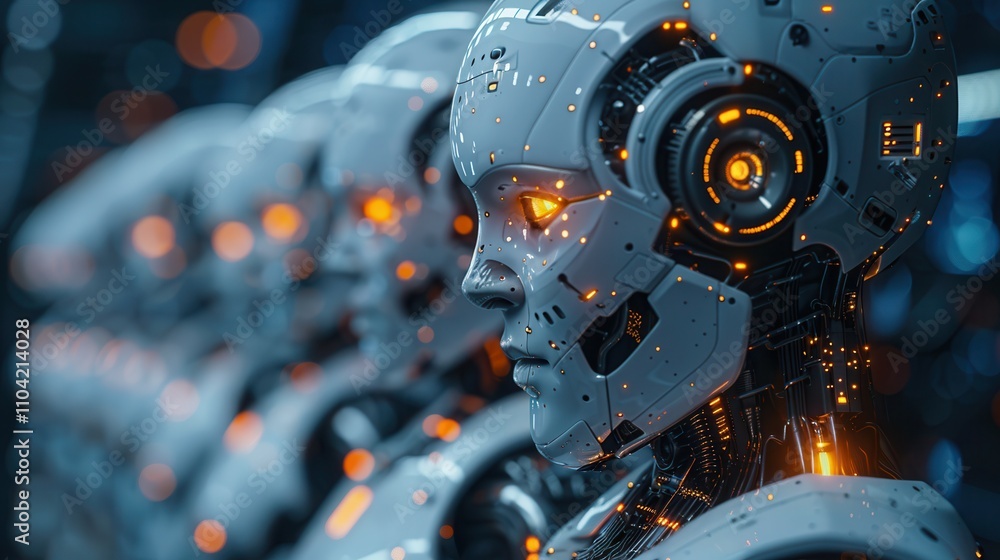 Futuristic robots lined up in a high-tech environment showcasing advanced technology and design. Generative AI Futuristic robots lined up in a high-tech environment showcasing advanced technology and design. Generative AI