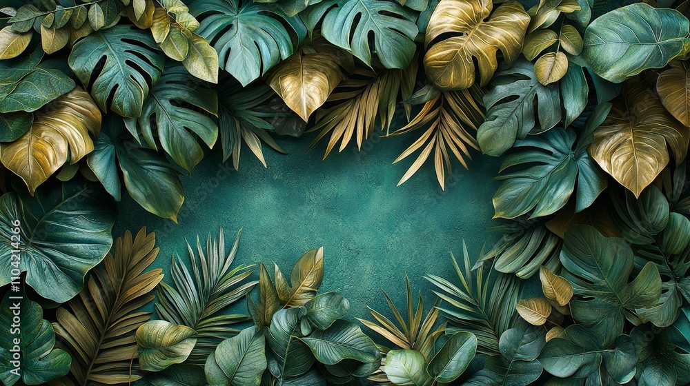 A lush arrangement of tropical leaves on a textured background, ideal for design or decor. A lush arrangement of tropical leaves on a textured background, ideal for design or decor.