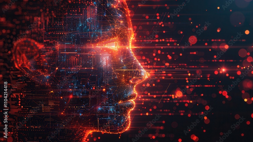 Fototapeta premium Captivating digital face with glowing lines and vibrant particles surrounded by a cosmic background. Generative AI