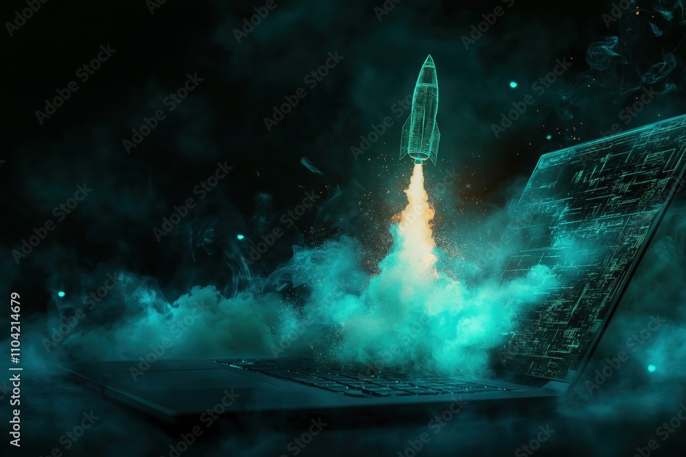 Rocket emerging from a laptop screen surrounded by teal and blue smoke in a digital-themed futuristic setting Rocket emerging from a laptop screen surrounded by teal and blue smoke in a digital-themed futuristic setting