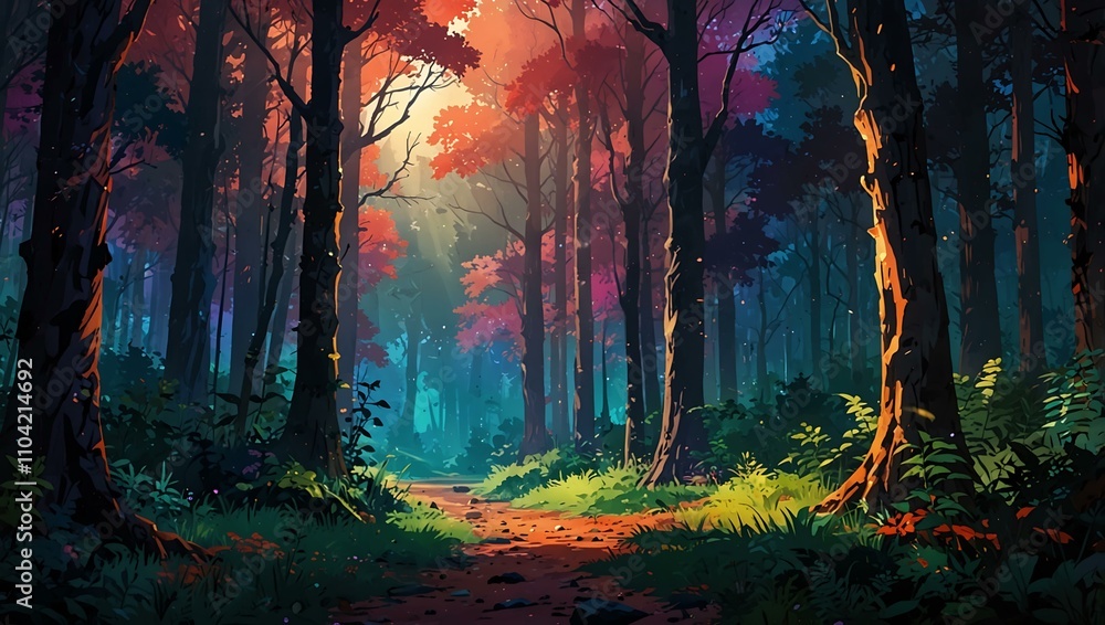 Fototapeta premium Anime forest scene in vibrant colors.