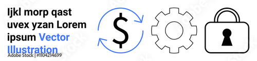 Dollar sign with circular arrows, cogwheel gear, and lock provide elements for financial security and operational efficiency. Ideal for banking, finance, security, technical settings, and landing