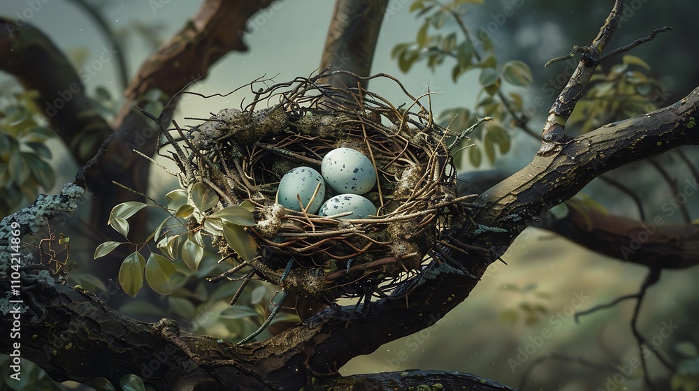 A nest made of twigs and leaves, nestled in the branches of a tree. Three speckled eggs lie in the nest, awaiting the arrival of new life. A nest made of twigs and leaves, nestled in the branches of a tree. Three speckled eggs lie in the nest, awaiting the arrival of new life.