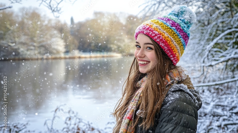 Joyful girl in colorful hat smiling by snowy lake with falling snowflakes Joyful girl in colorful hat smiling by snowy lake with falling snowflakes