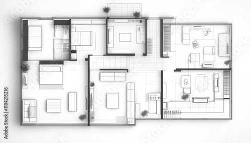 Top-down view of a modern house plan with four bedrooms, living rooms, and a kitchen.