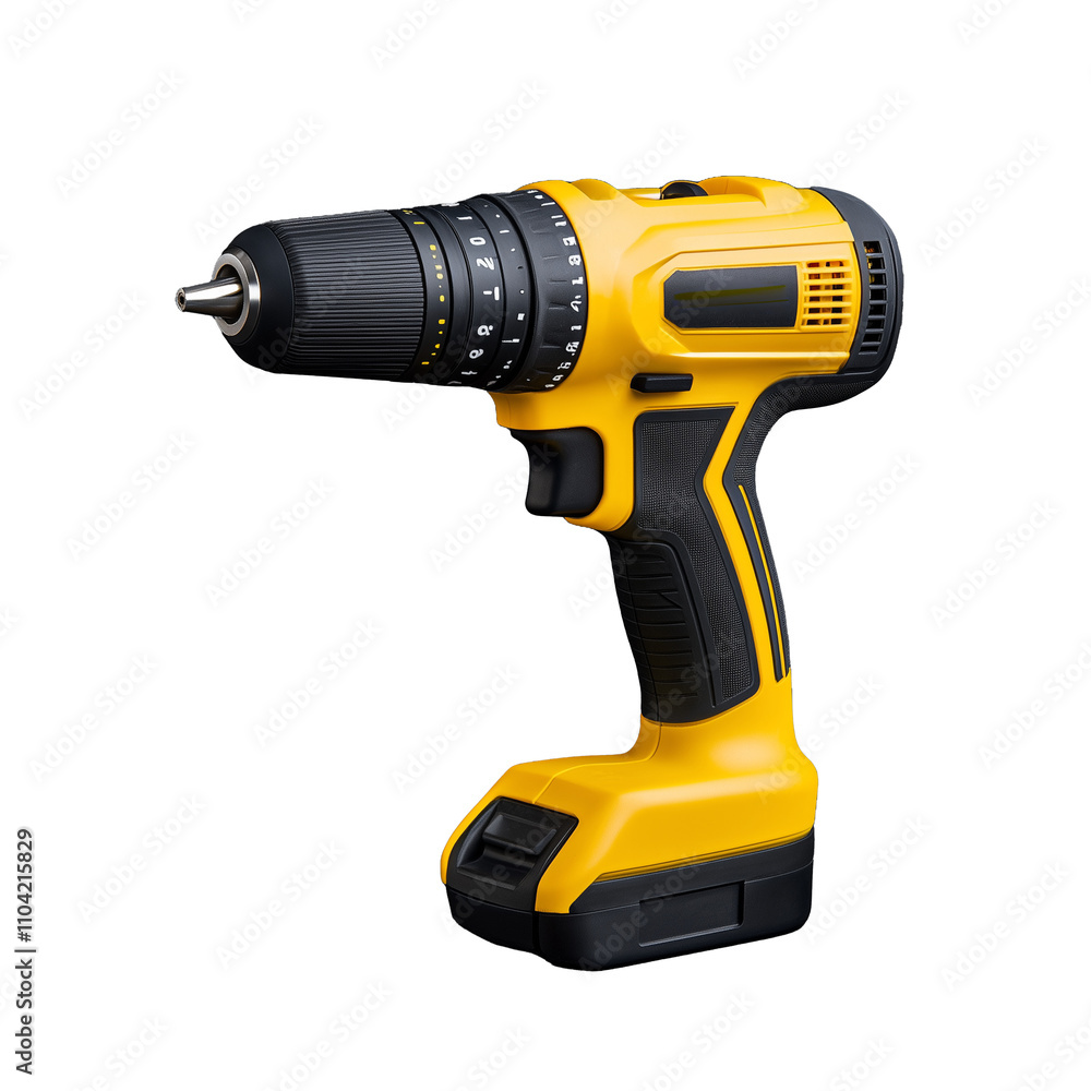 Yellow Cordless Power Drill with Black Grip on Transparent Background