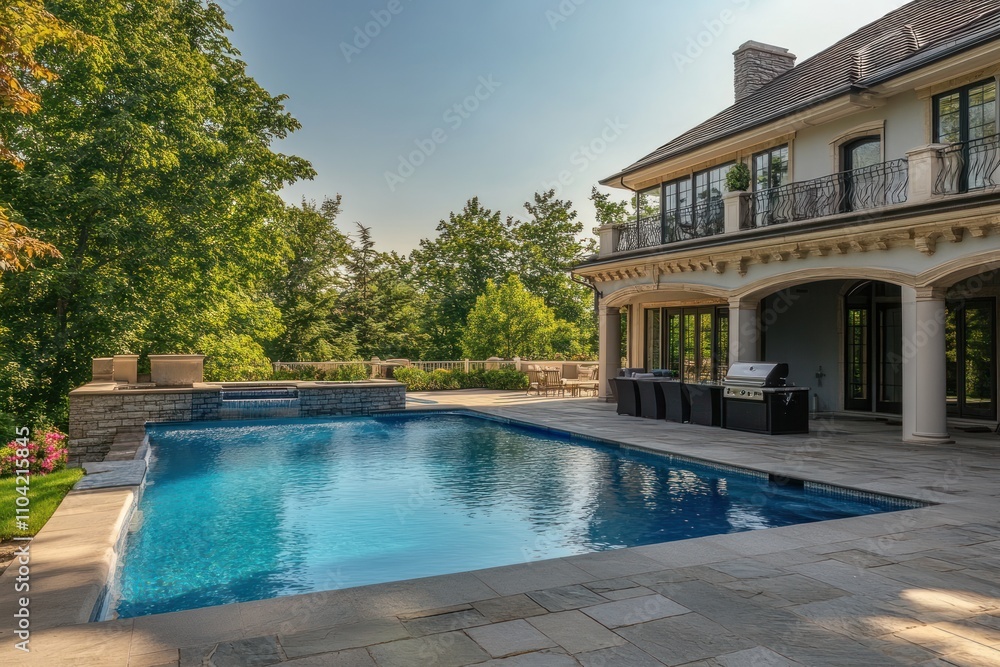 Fototapeta premium A large, rectangular swimming pool with a stone patio and a luxurious home in the background.