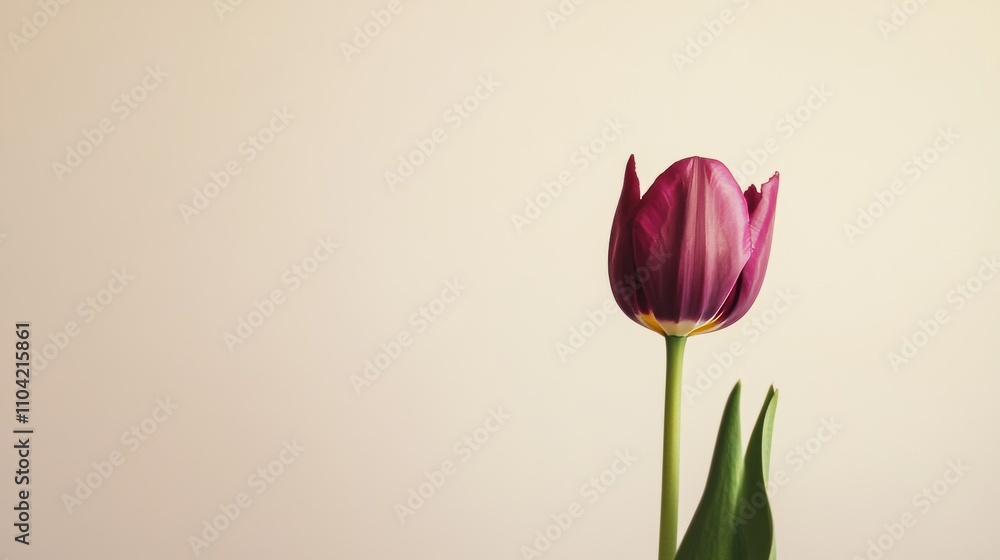 A single rich plum tulip against a light taupe background, close-up shot, Minimalist style A single rich plum tulip against a light taupe background, close-up shot, Minimalist style