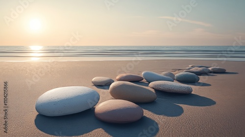 A serene beach scene with smooth stones arranged on the sand at sunset.