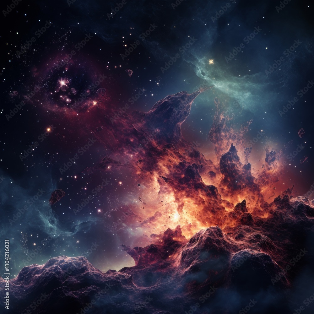 Fiery cosmic explosion surrounded by glowing gas clouds and starry skies. Fiery cosmic explosion surrounded by glowing gas clouds and starry skies.