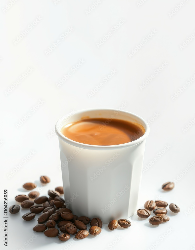 Fototapeta premium Coffee cup filled with rich beverage surrounded by whole coffee beans on a bright background