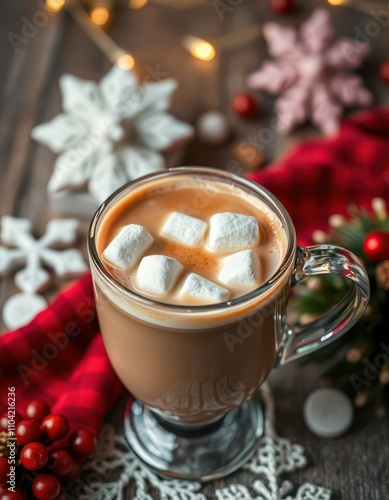 Warm cup of hot chocolate with marshmallows on a cozy winter table setting decorated for the holidays photo