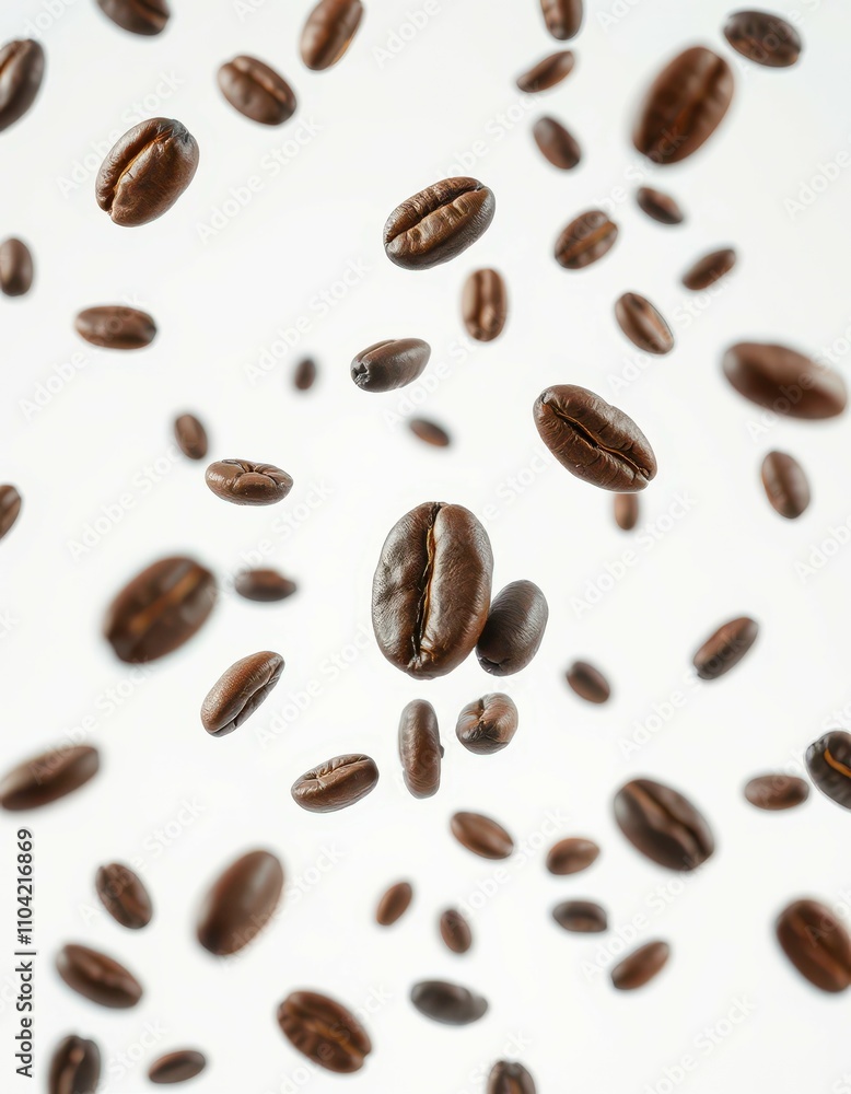 Floating coffee beans create a captivating visual display against a light background Floating coffee beans create a captivating visual display against a light background