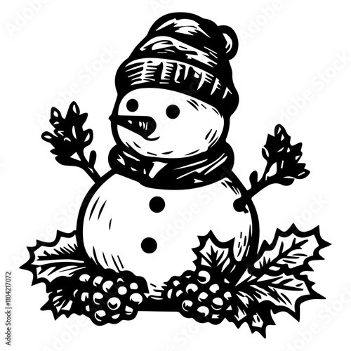A simple line drawing of a Christmas Snowman, black and white vector illustration