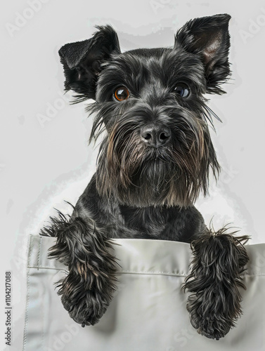 Cute black schnauzer puppy peeking over a white barrier with curious eyes photo