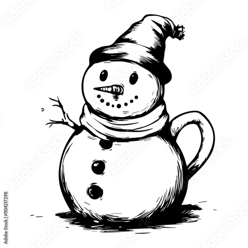 A simple line drawing of a Christmas Snowman, black and white vector illustration