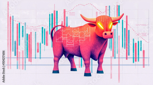 Vibrant bull with glowing eyes and stock charts background photo