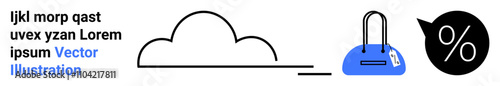 Black cloud icon paired with a blue shopping bag and percentage icon. Ideal for e-commerce, online retail, sales promotion, discount offerings, seasonal sales, cloud services, retail marketing